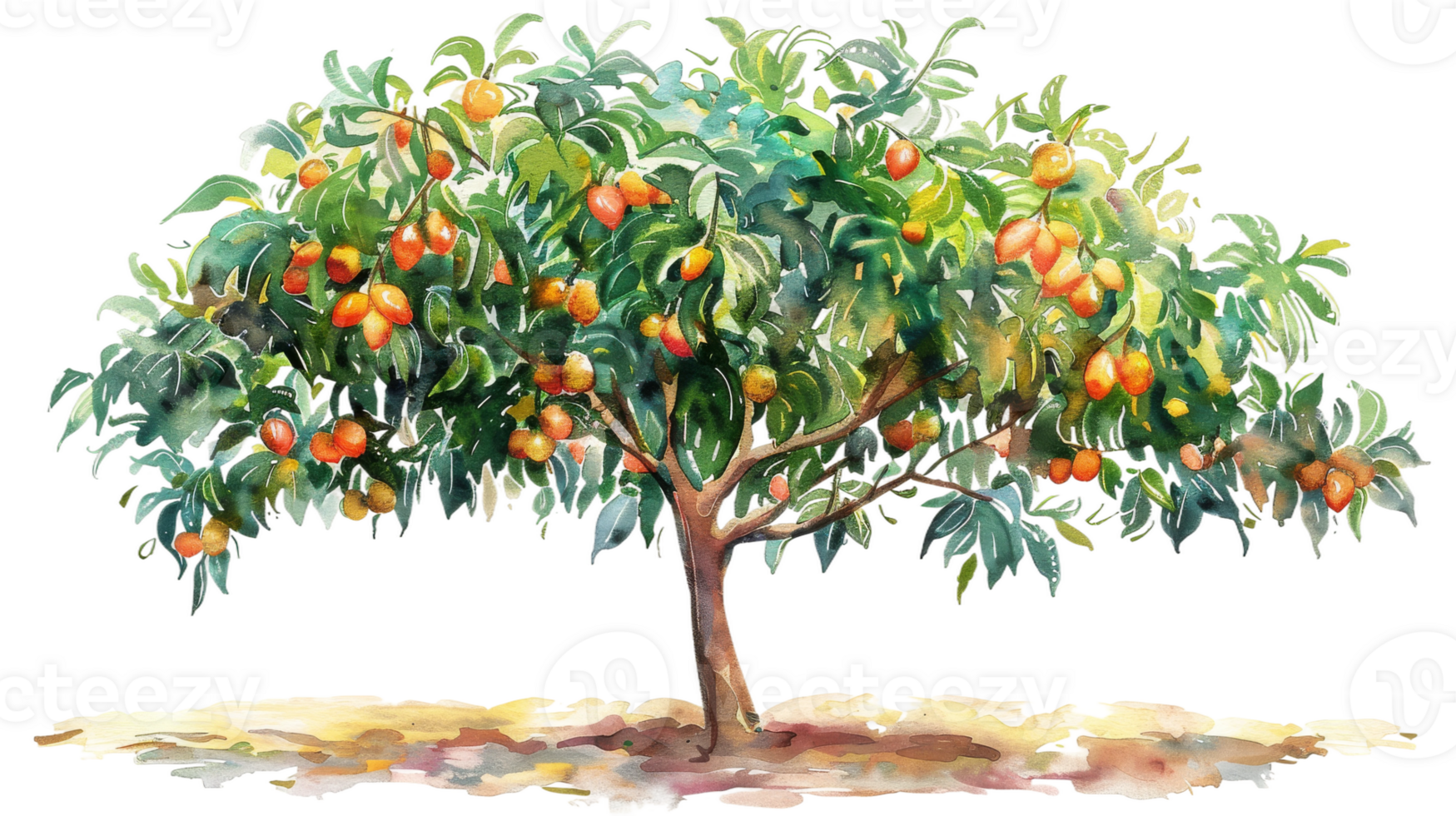 Mango Tree in Watercolor on isolated Transparent background. Format png