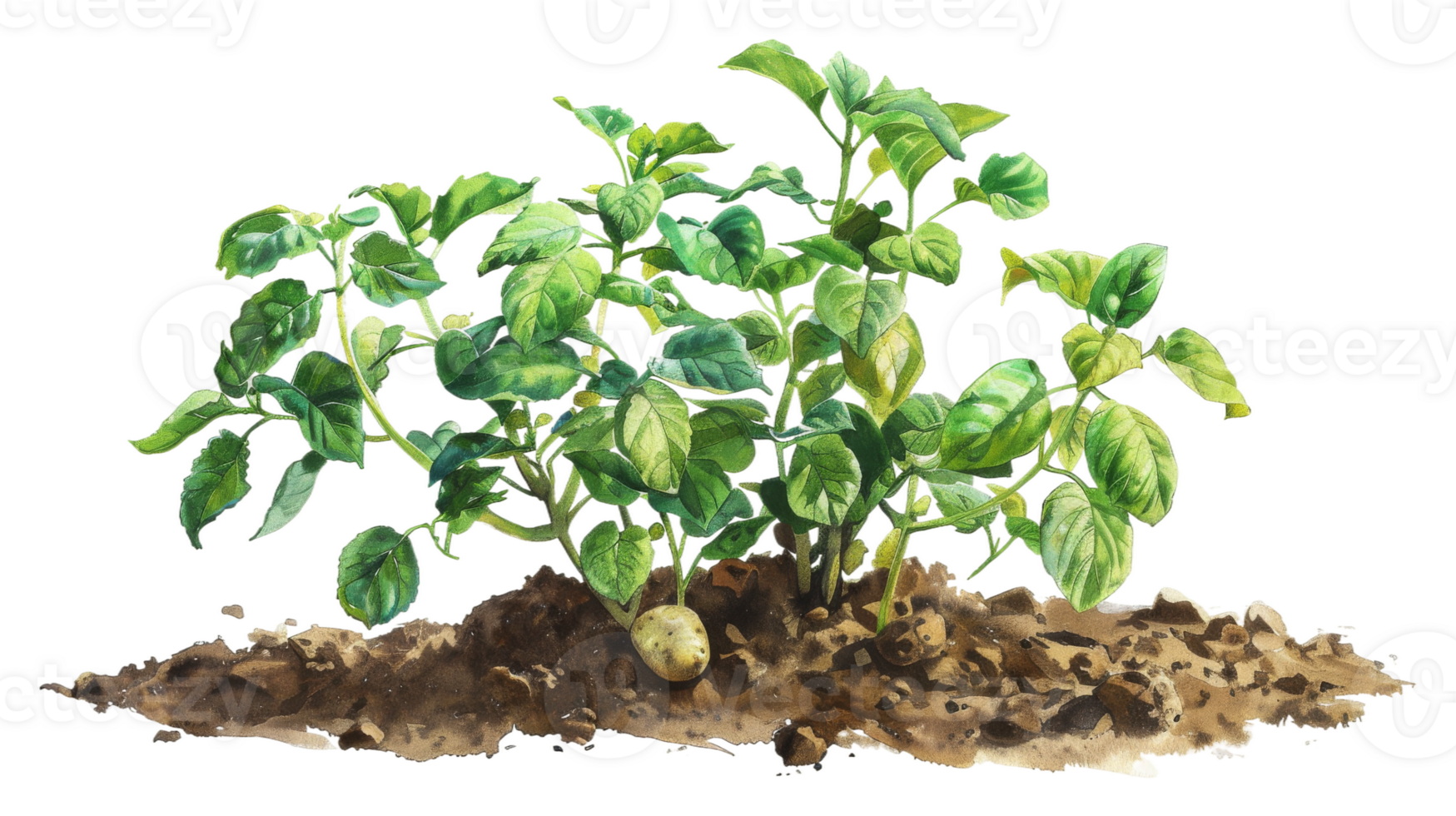 Watercolor Painting of Potato Plant on isolated Transparent background. Format png
