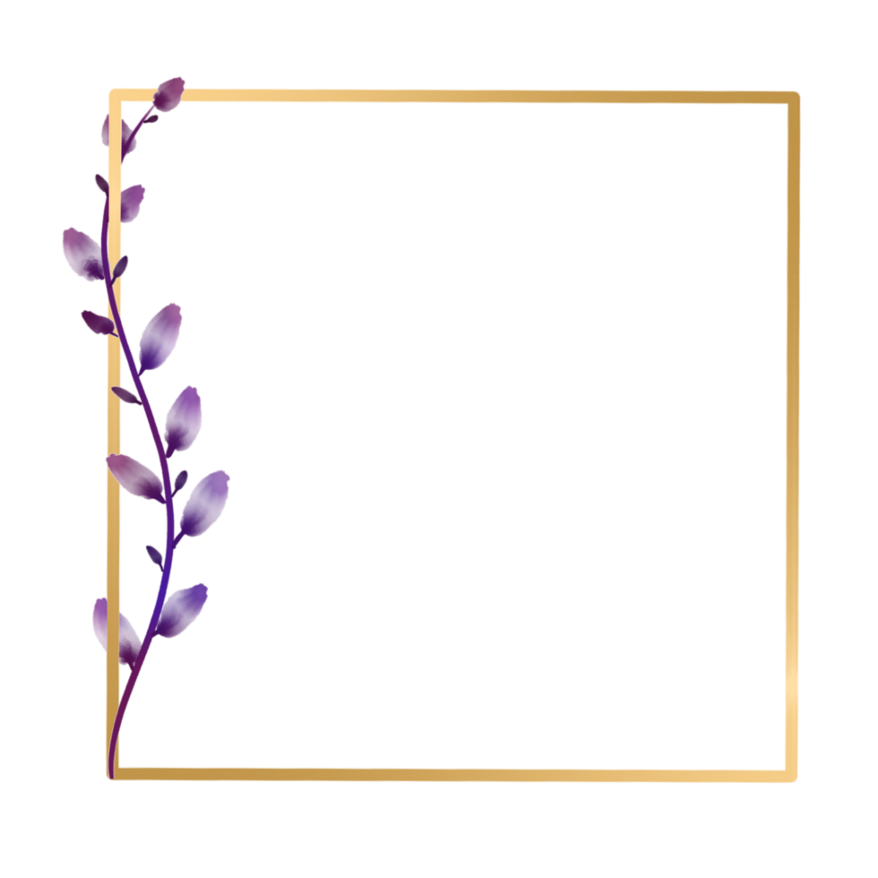 Gold frame with a purple plant on a transparent background png
