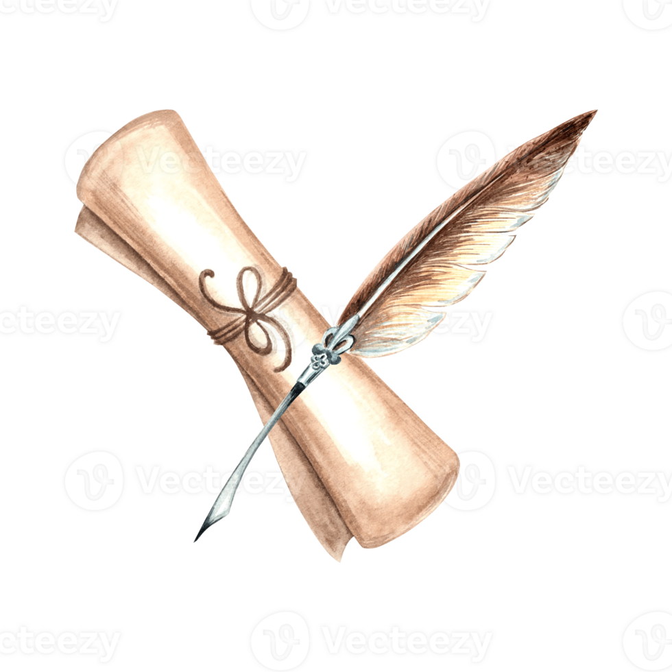 Feather pen and papyrus scroll. Composition with Parchment sheet of paper. Hand drawn watercolor illustration isolated. Writing supplies. Education concept. Template for sticker, card, website, print. png
