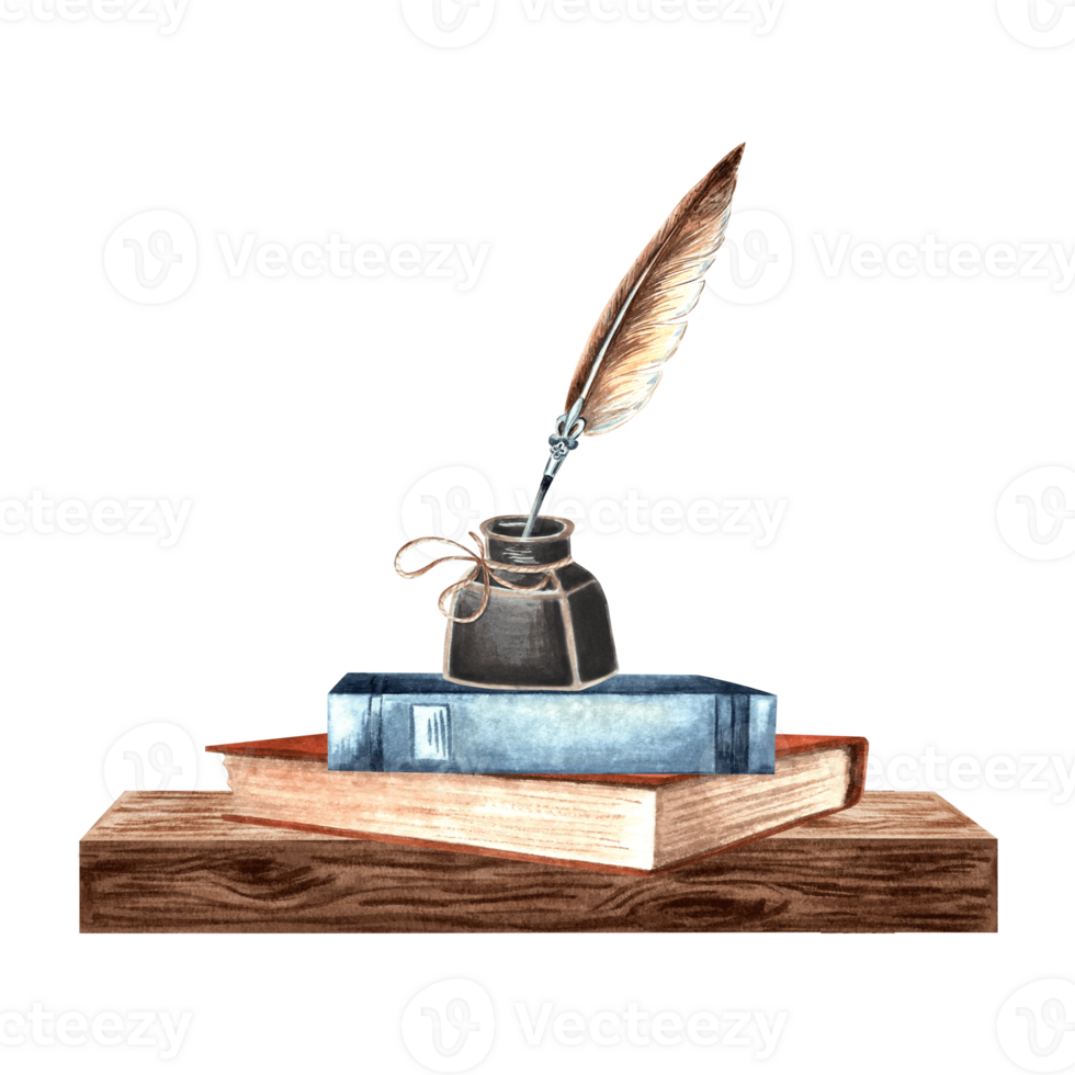Books and inkwell with feather on wooden shelf. Composition with writing supplies. Hand drawn watercolor illustration isolated. Knowledge for all. Education concept. Clip art for card, website, print. png