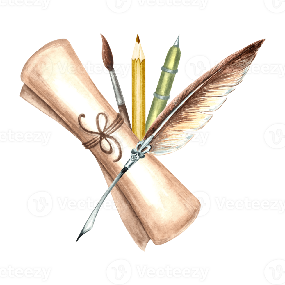 Feather pen and papyrus scroll. Pen, pencil and paint brush with Parchment. Writing supplies. Hand drawn watercolor illustration isolated. Knowledge for all. Template for sticker, website, printing. png