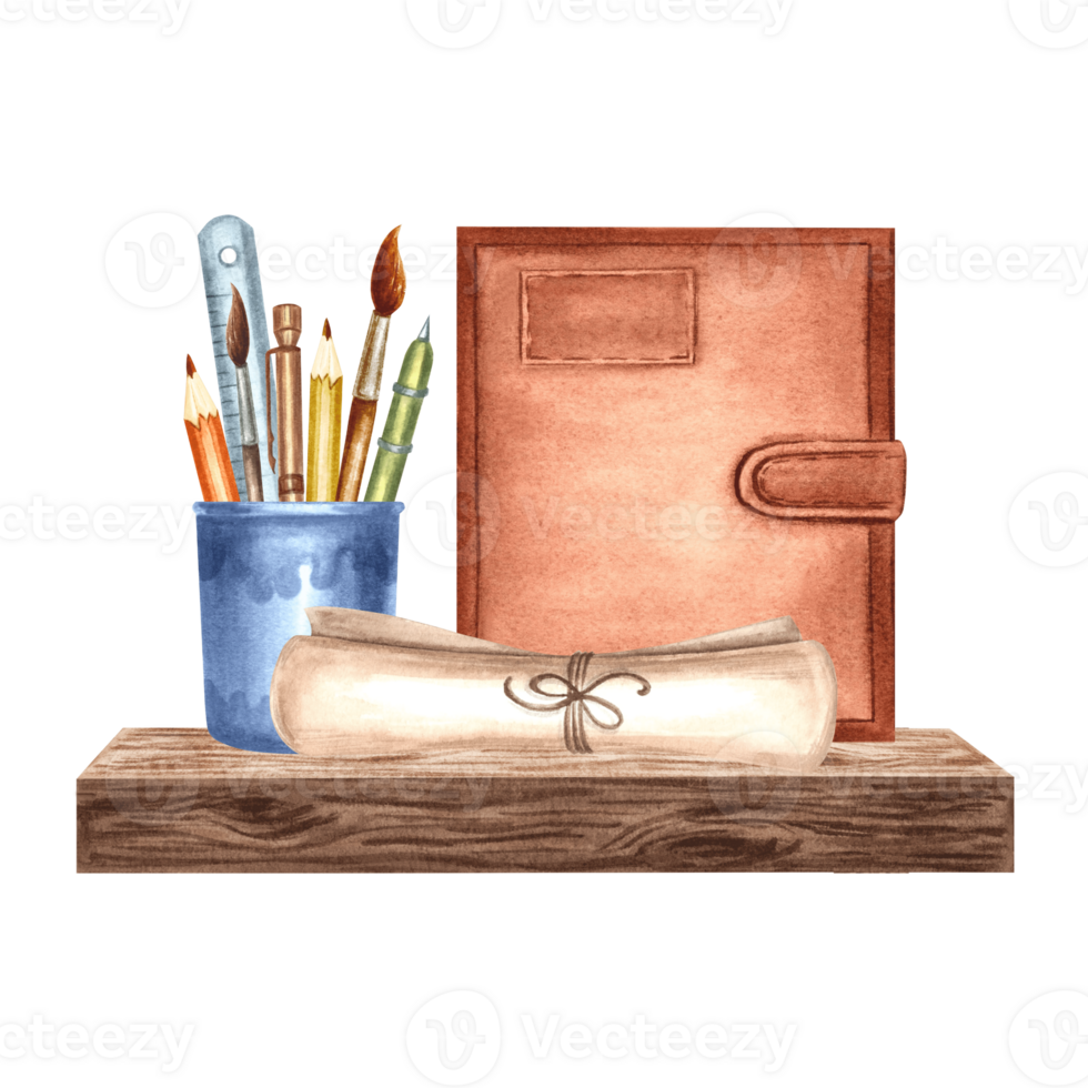 Notebook and writing supplies on woode shelf. Composition with parchment scroll. Hand drawn watercolor illustration isolated. Knowledge for all. Education concept. Template for card, sticker, website. png