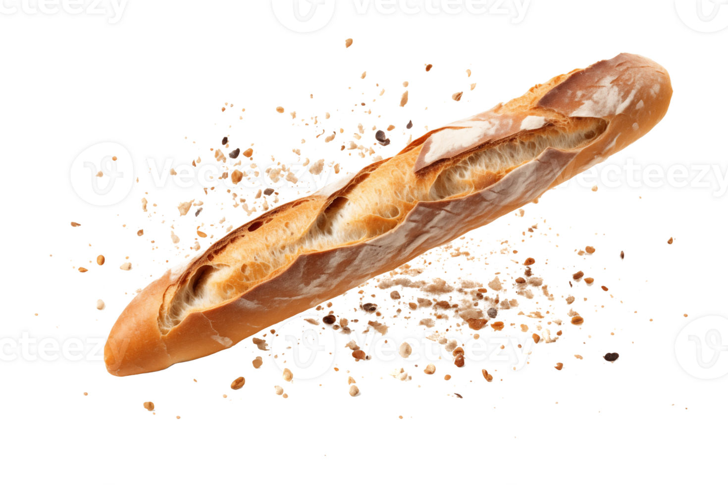 baguete pão com queda migalhas com transparente fundo png