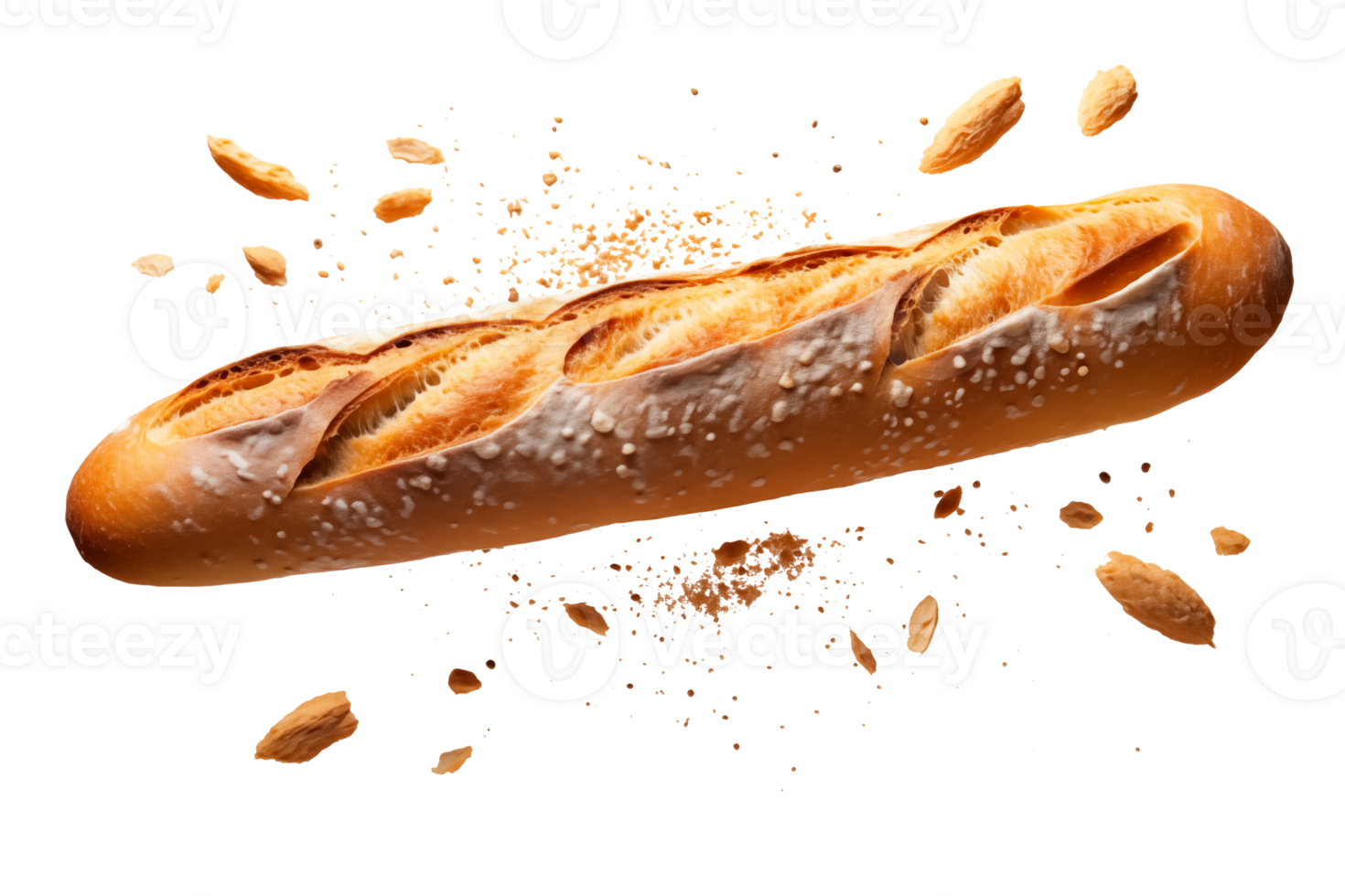 baguette bread with falling crumbs with Transparent Background png