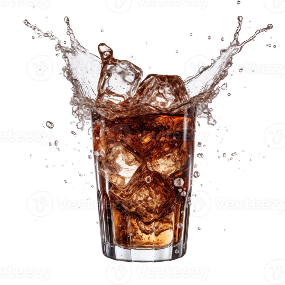 Double cool ice soft drink cola carbonated liquid fresh food with soda water Cola splash on a glass iced cube with Transparent Background png