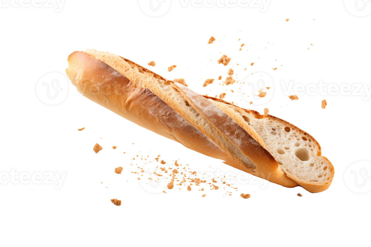 baguette bread with falling crumbs with Transparent Background png