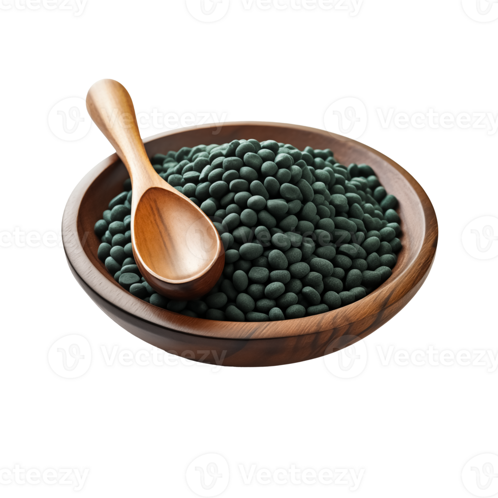 Spirulina powder and tablet on a wooden plate and spoon with Transparent Background png