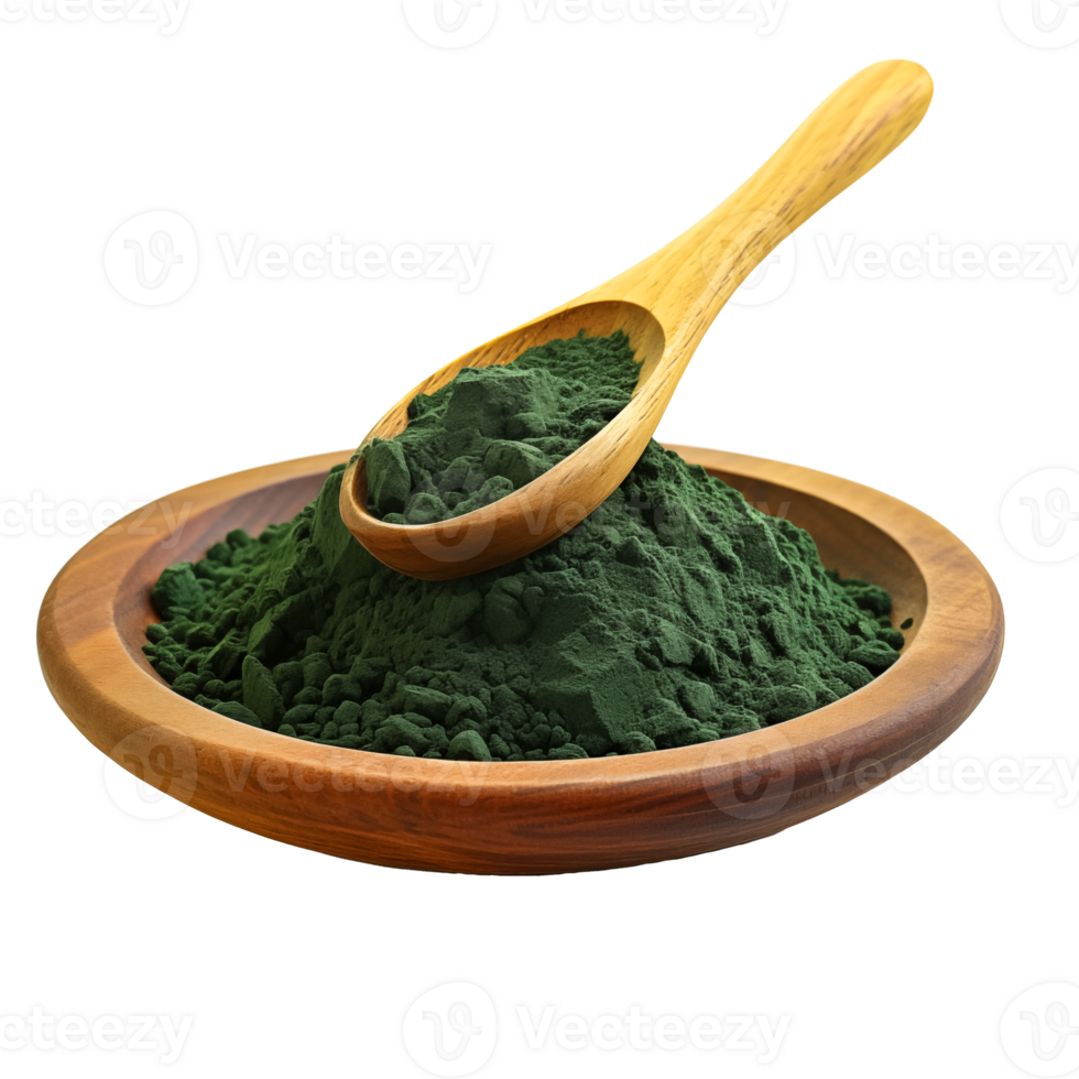 Spirulina powder and tablet on a wooden plate and spoon with Transparent Background png