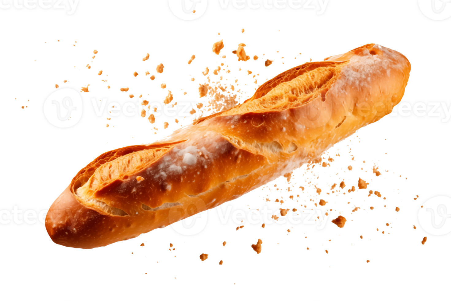 baguette bread with falling crumbs with Transparent Background png