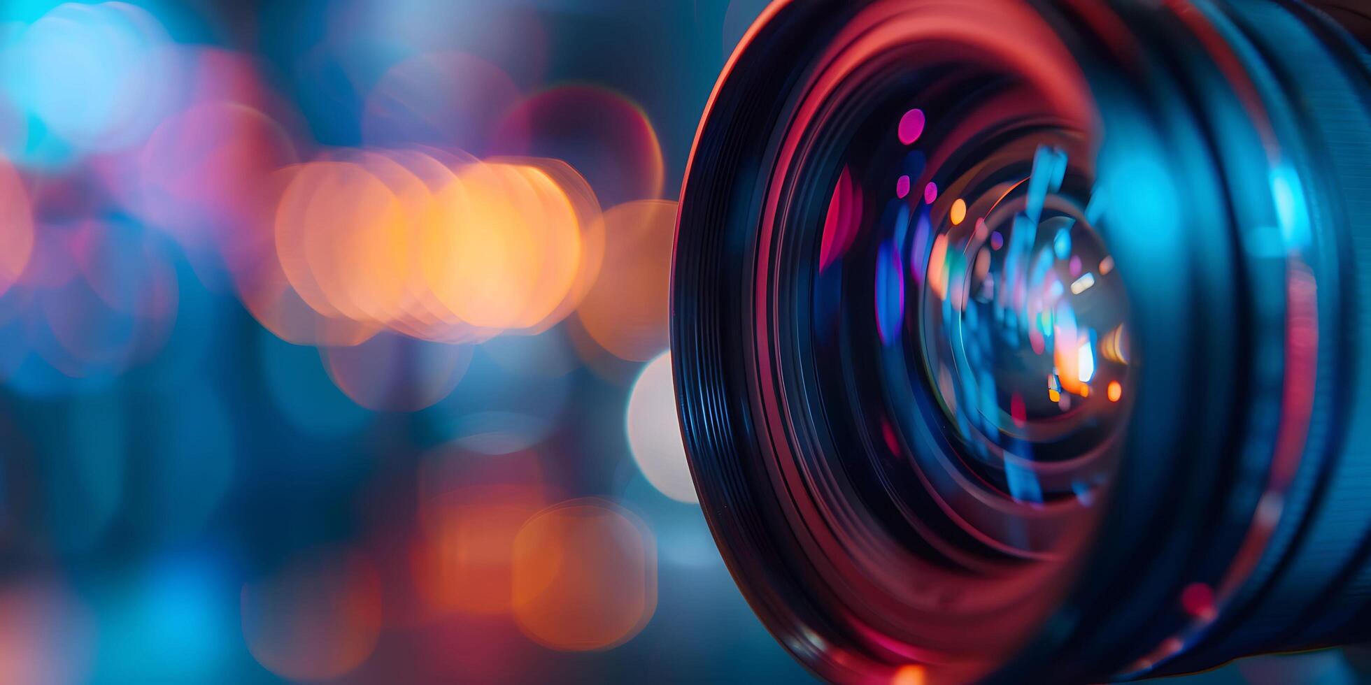 Closeup of a camera lens with colorful bokeh background photo