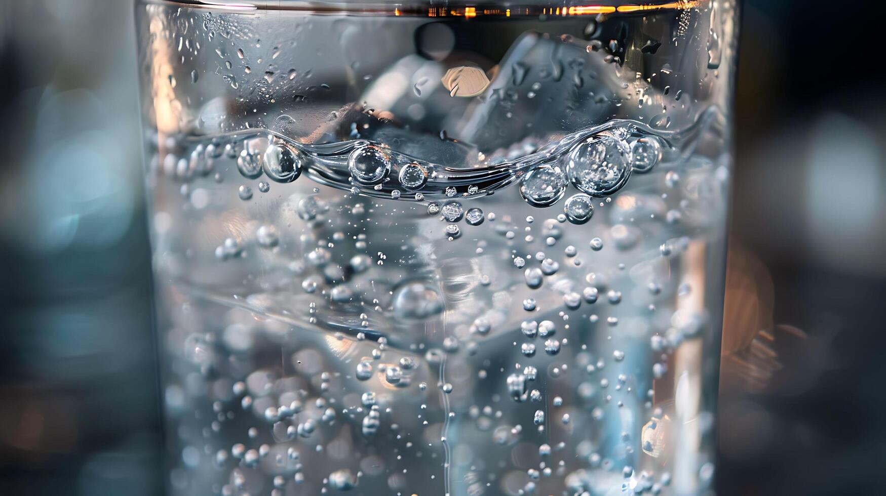 Close-up view of bubbles in a glass of sparkling water with a blurred background photo