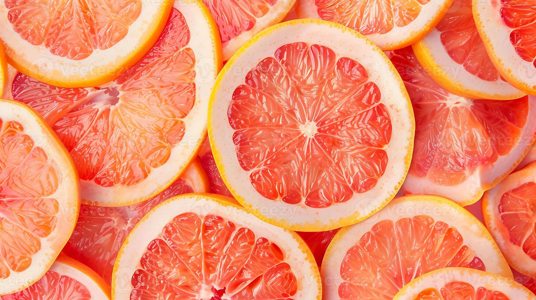 Close-up view of fresh and juicy grapefruit slices forming a vibrant background photo