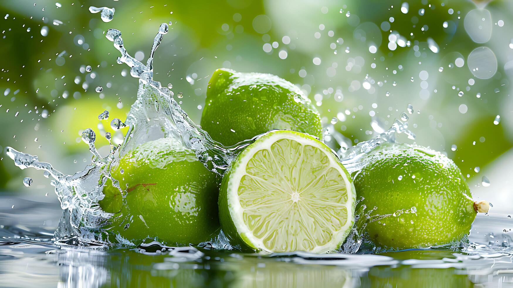 Fresh limes with water splash on green background photo