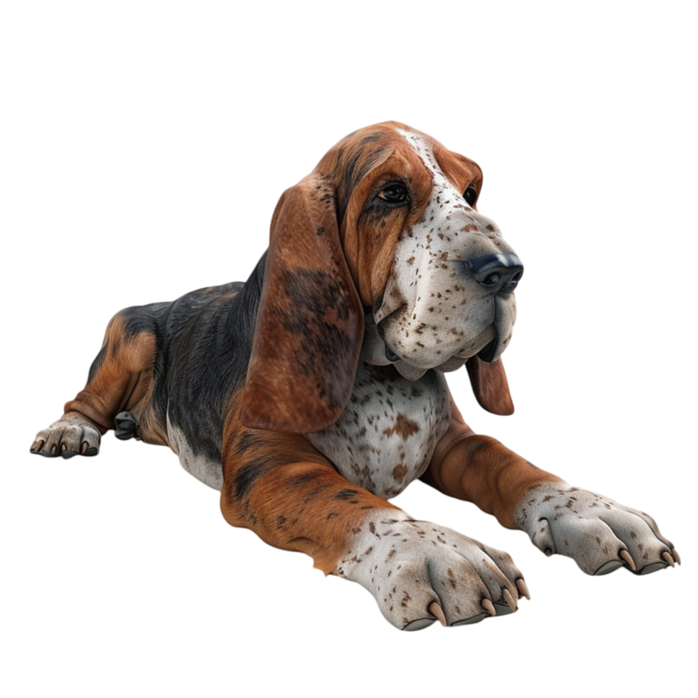 Hound Dog Lying Down with Short Shaggy Coat, Dark Brown Patches, on Transparent background AI-Generative png