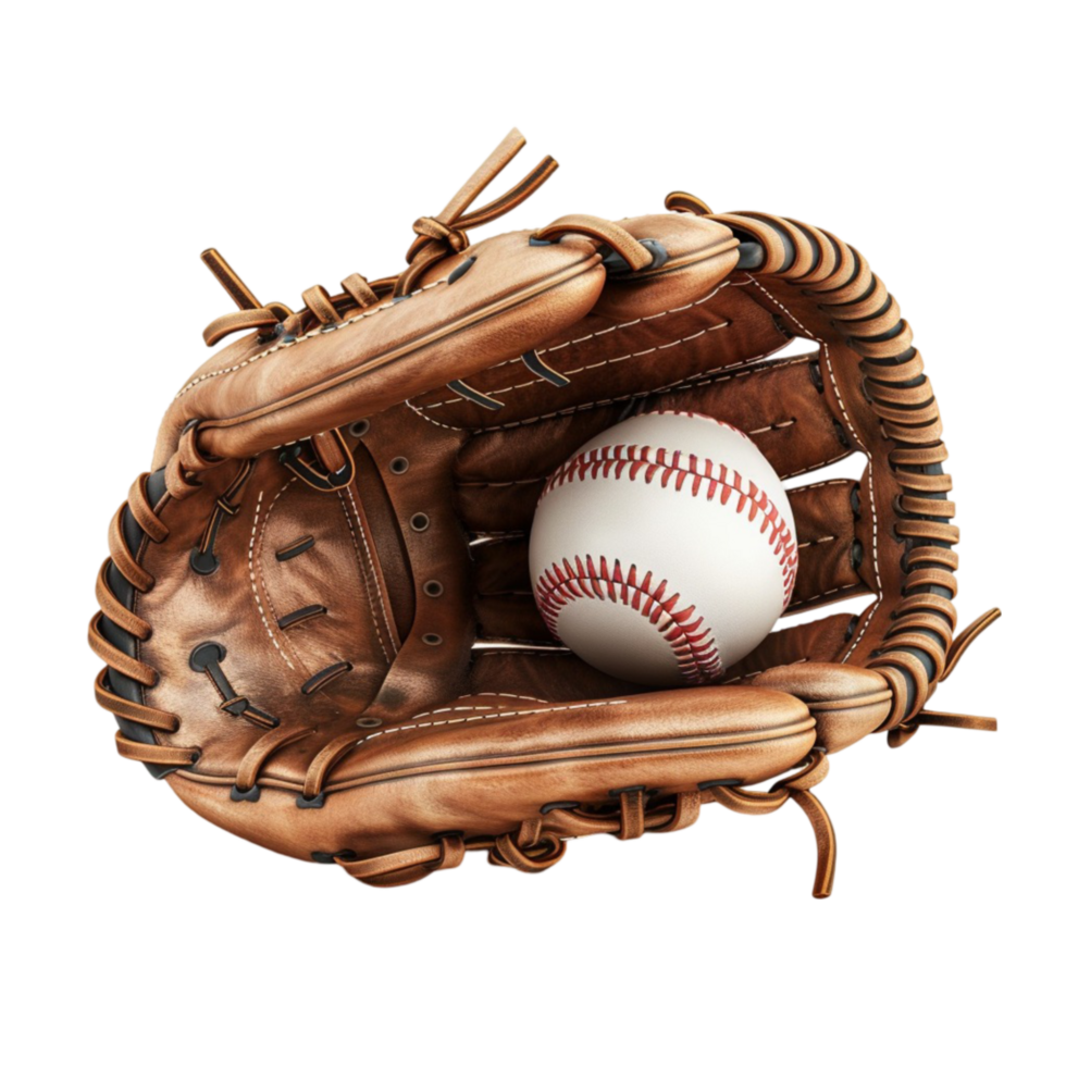 Leather Baseball Glove with White Baseball Inside, Brown Color on Transparent background AI-Generative png