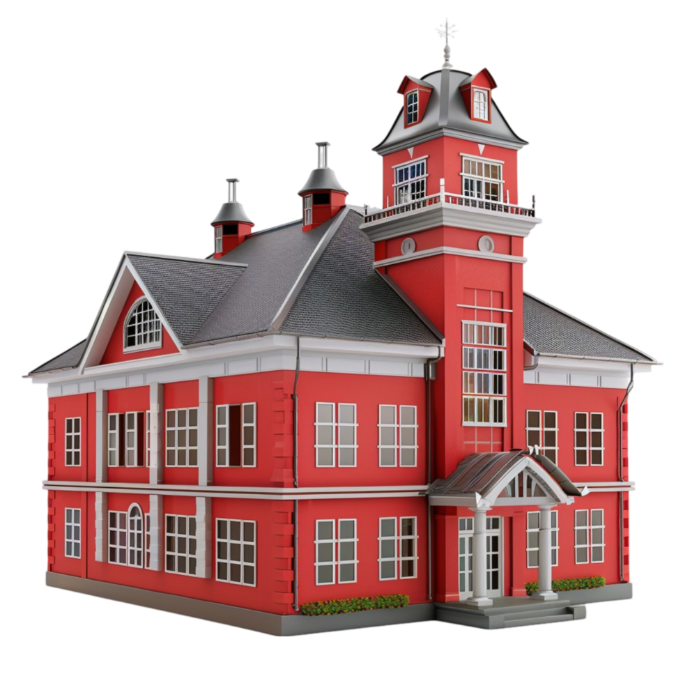 Detailed 3D Model of Tall Building with Clock Tower and Red Brick Facade on Transparent background AI-Generative png