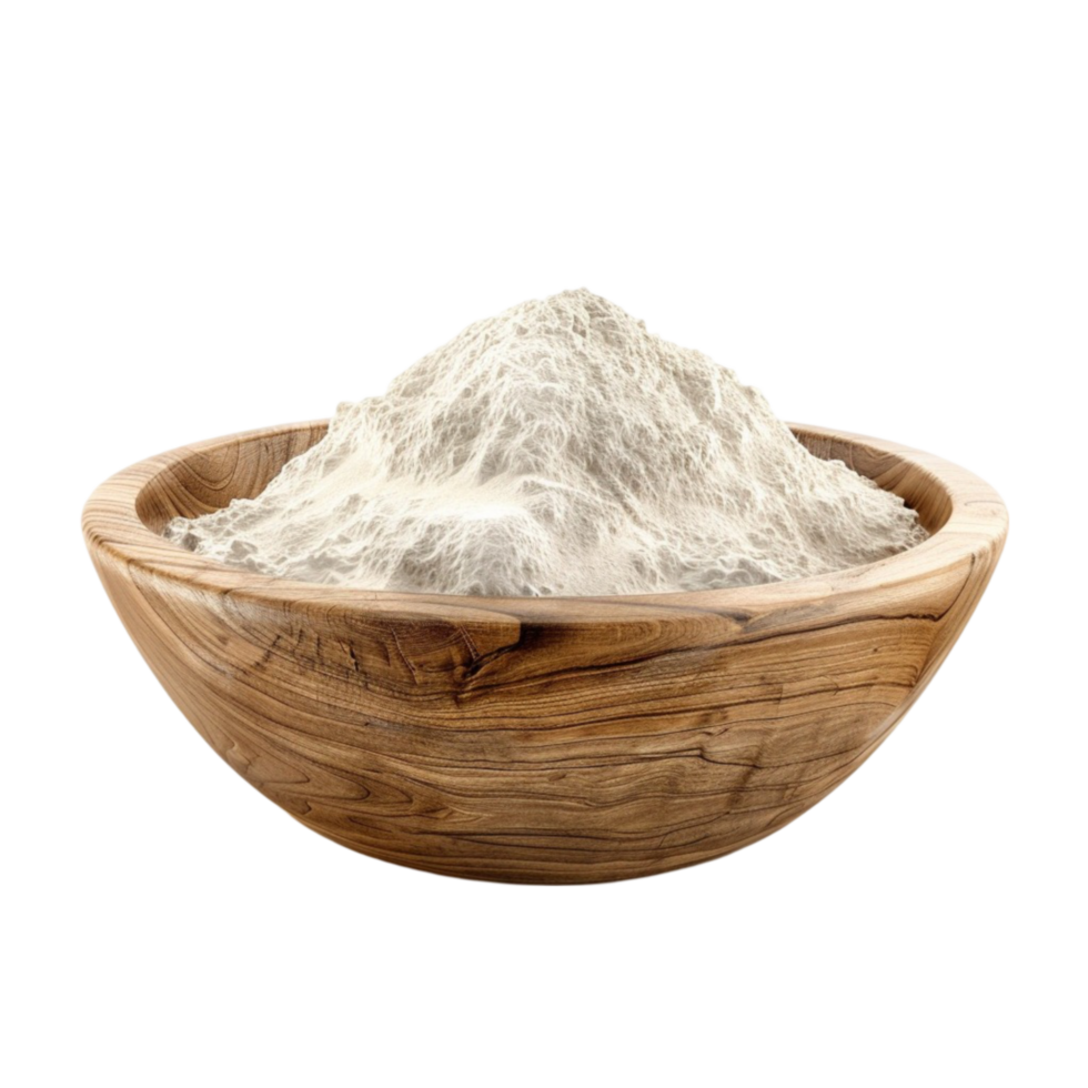 Round Wooden Bowl with White Flour on Transparent background AI-Generative png