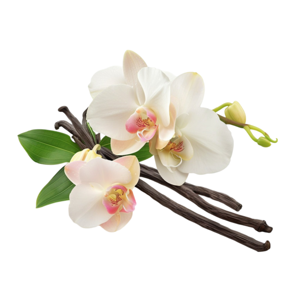White Orchids with Pink Edges on Wooden Branch, on Transparent background AI-Generative png