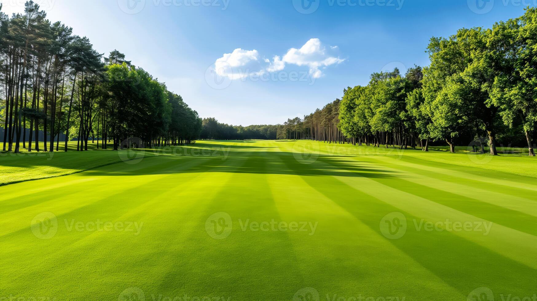 Lush green golf course with perfectly manicured fairways under a bright blue sky, showcasing summer leisure photo