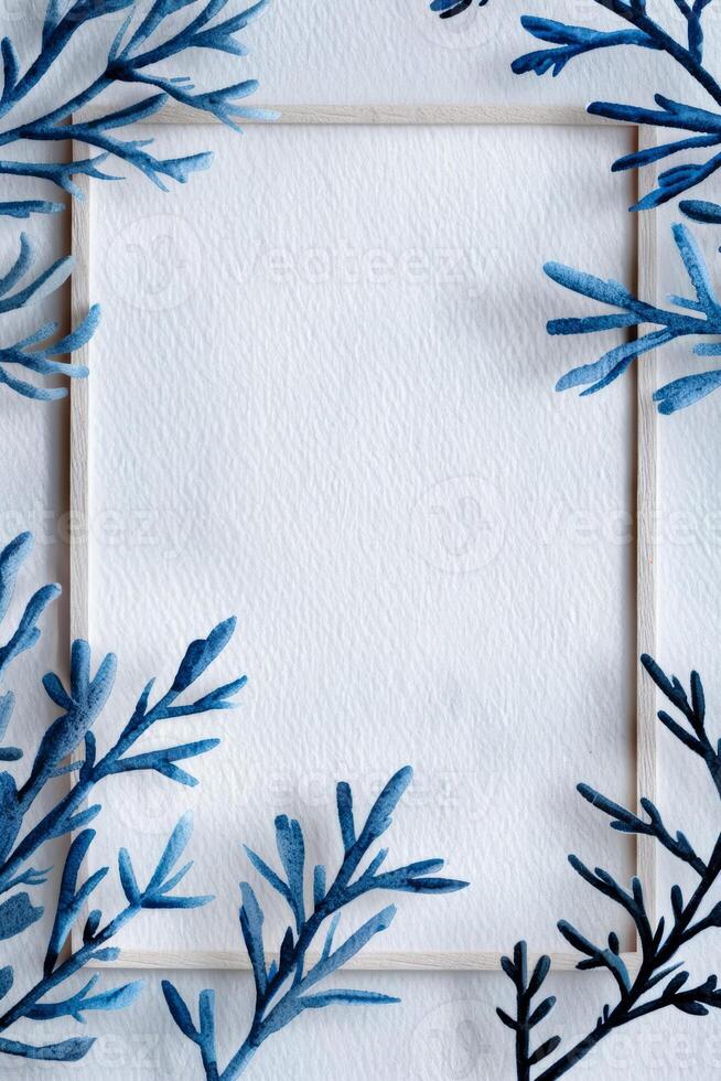 Winter watercolor frame featuring frosted windowpane and delicate icy patterns cool crisp tones watercolour illustration photo