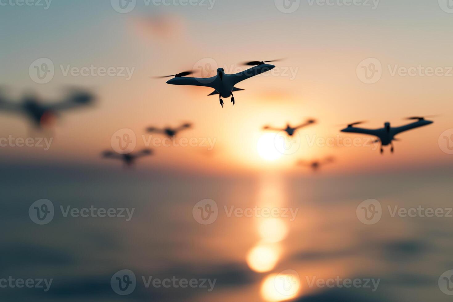 Robotic seagull drones patrolling coastline, isolated on a sunset gradient background photo