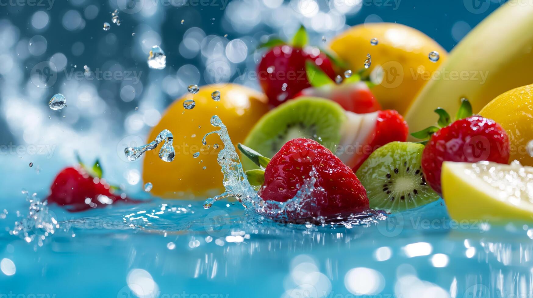 Fruits creating refreshing splashes as they plunge into vibrant juice pool photo