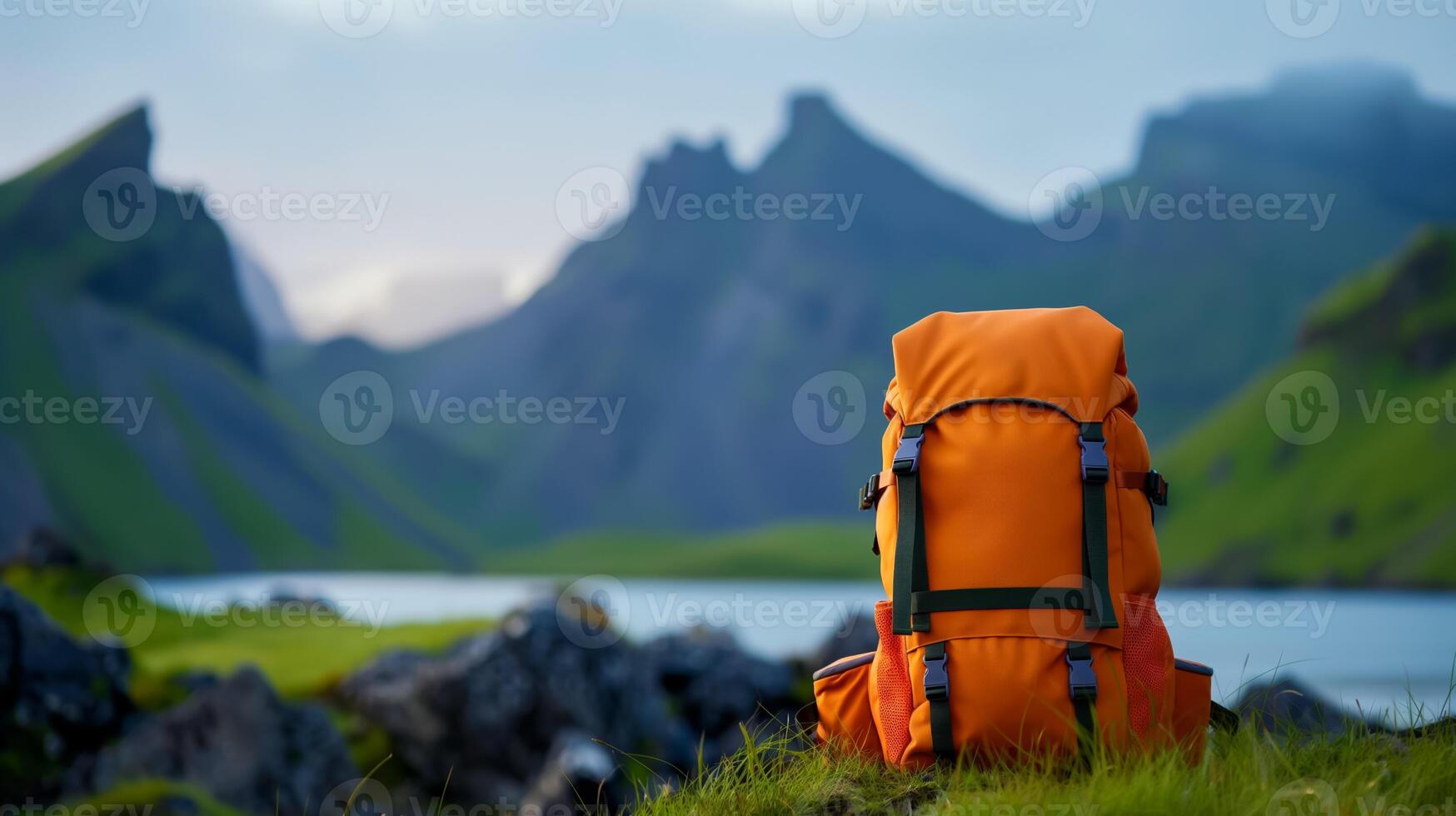 Vibrant travel backpack on a scenic mountain backdrop representing outdoor adventure and exploration dreams photo