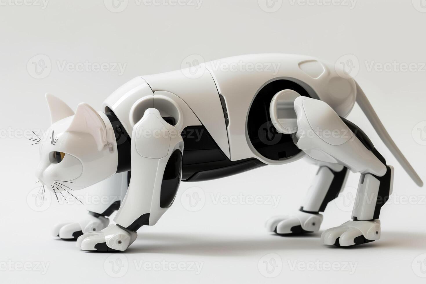 Robotic cat demonstrating playful behavior, isolated on a white background photo