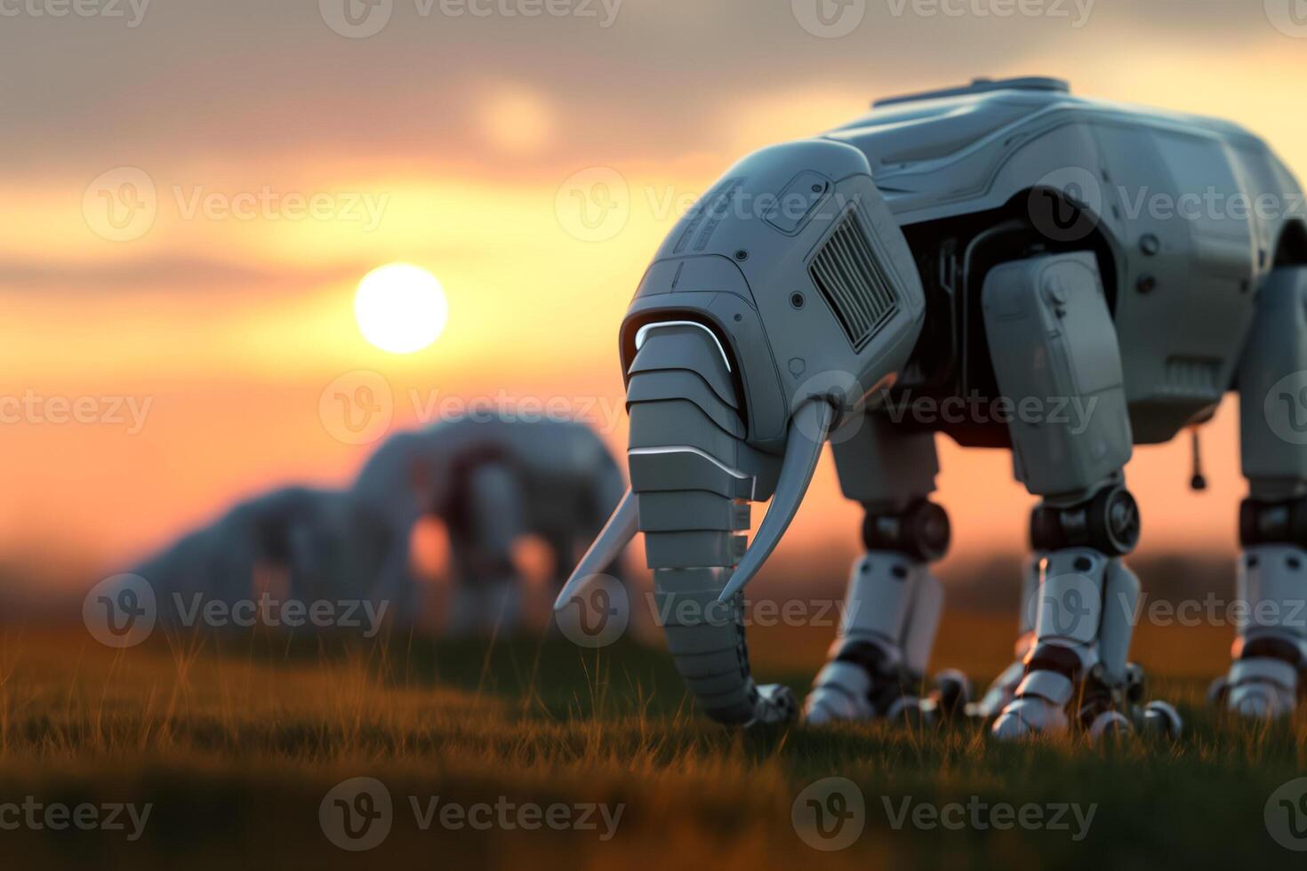 Robotic elephant units surveying savannah ecosystem, isolated on a sunset gradient background photo