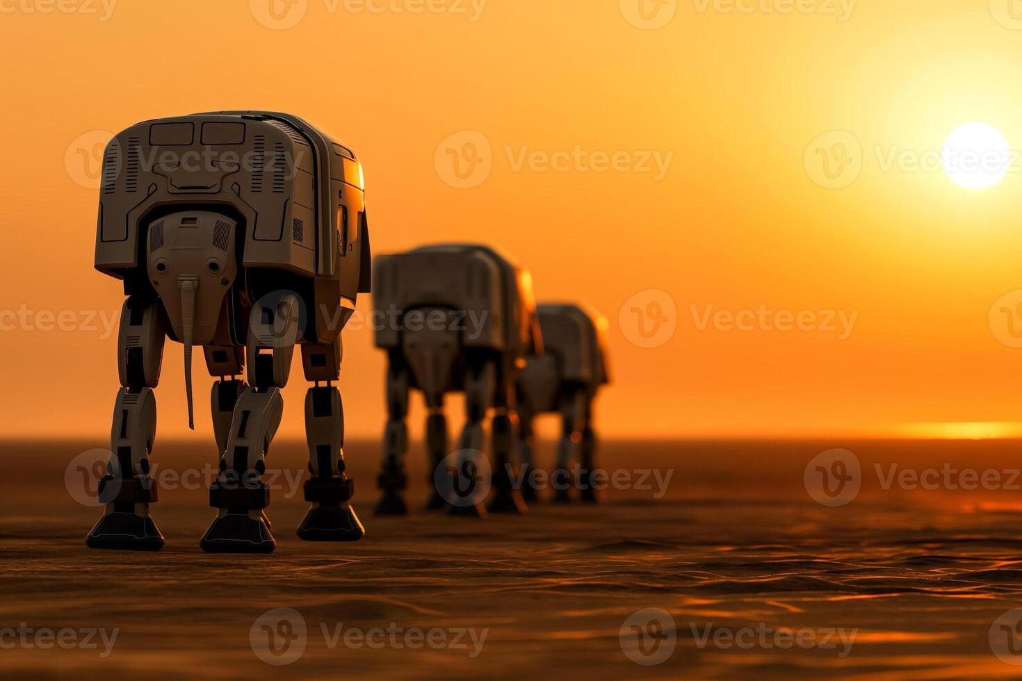 Robotic elephant units surveying savannah ecosystem, isolated on a sunset gradient background photo