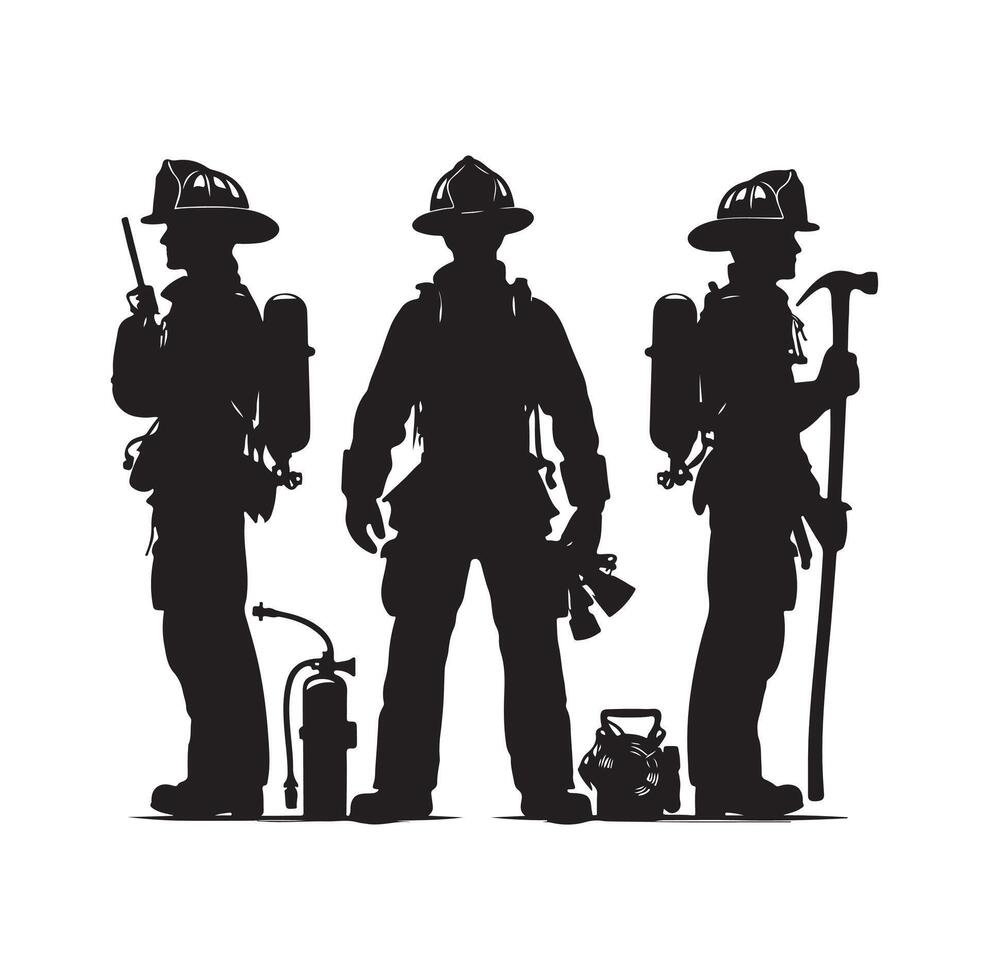 Firefighters group pose silhouette on isolated white background vector