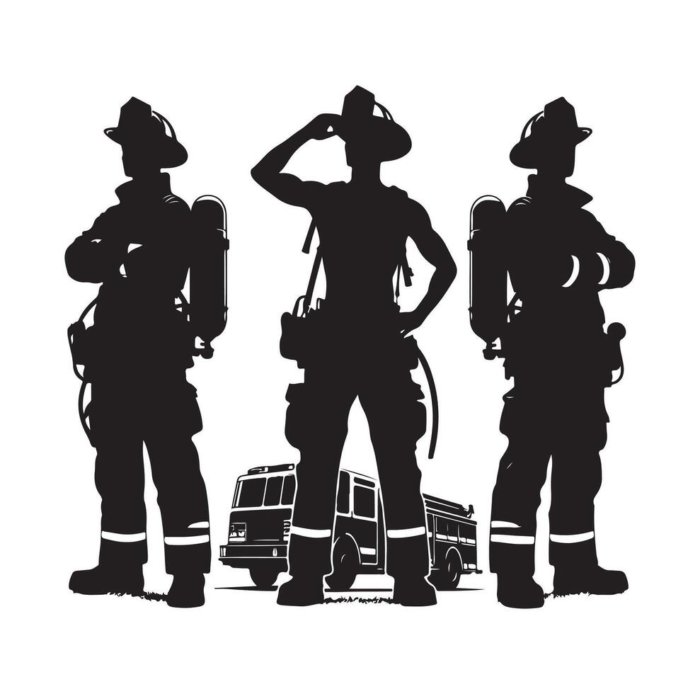 Firefighters group pose silhouette on isolated white background vector