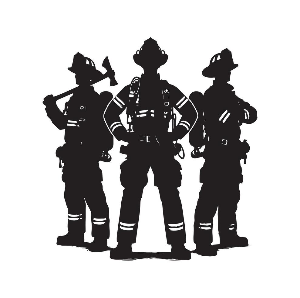 Firefighters group pose silhouette on isolated white background vector