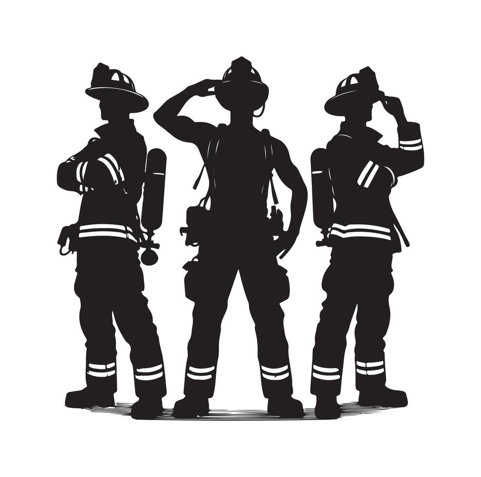 Firefighters group pose silhouette on isolated white background vector