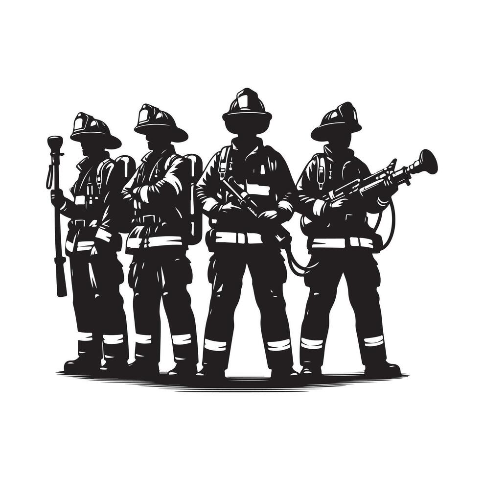 Firefighters group pose silhouette on isolated white background vector
