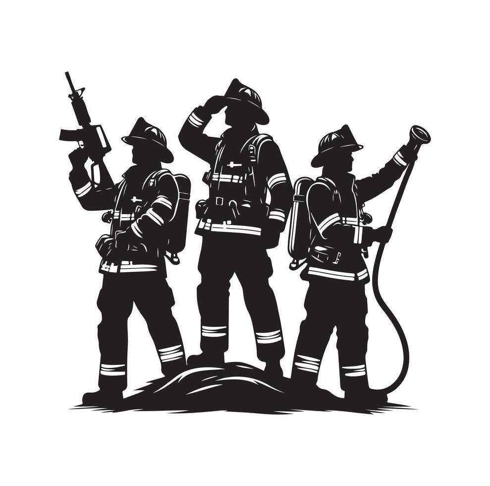Firefighters group pose silhouette on isolated white background vector