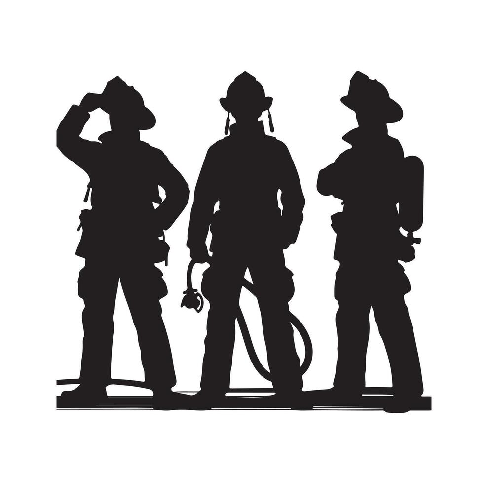 Firefighters group pose silhouette on isolated white background vector