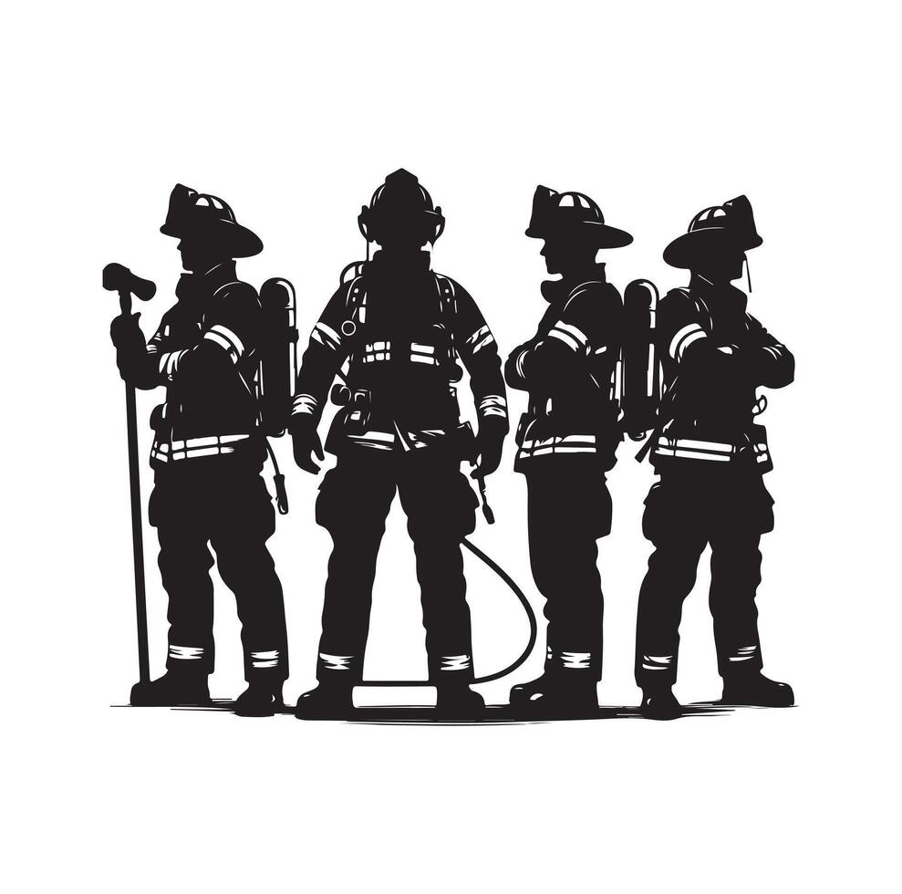 Firefighters group pose silhouette on isolated white background vector
