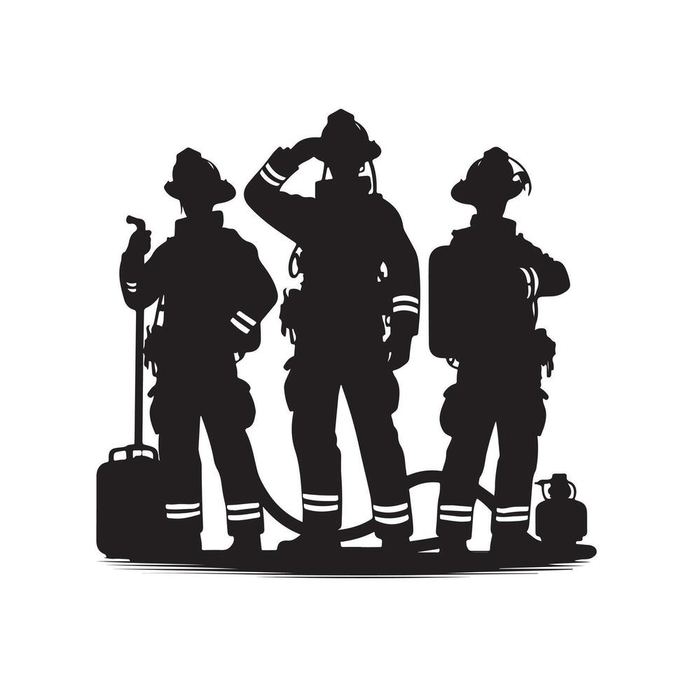 Firefighters group pose silhouette on isolated white background vector