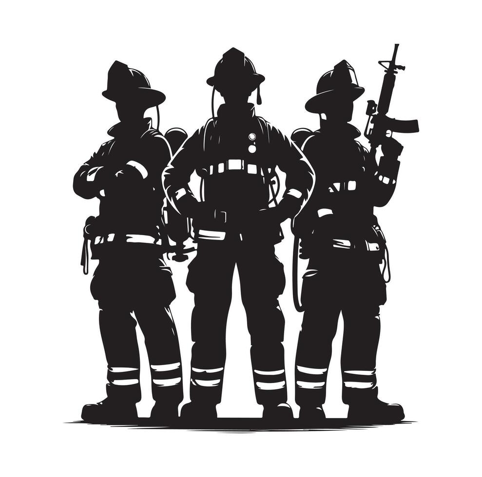 Firefighters group pose silhouette on isolated white background vector