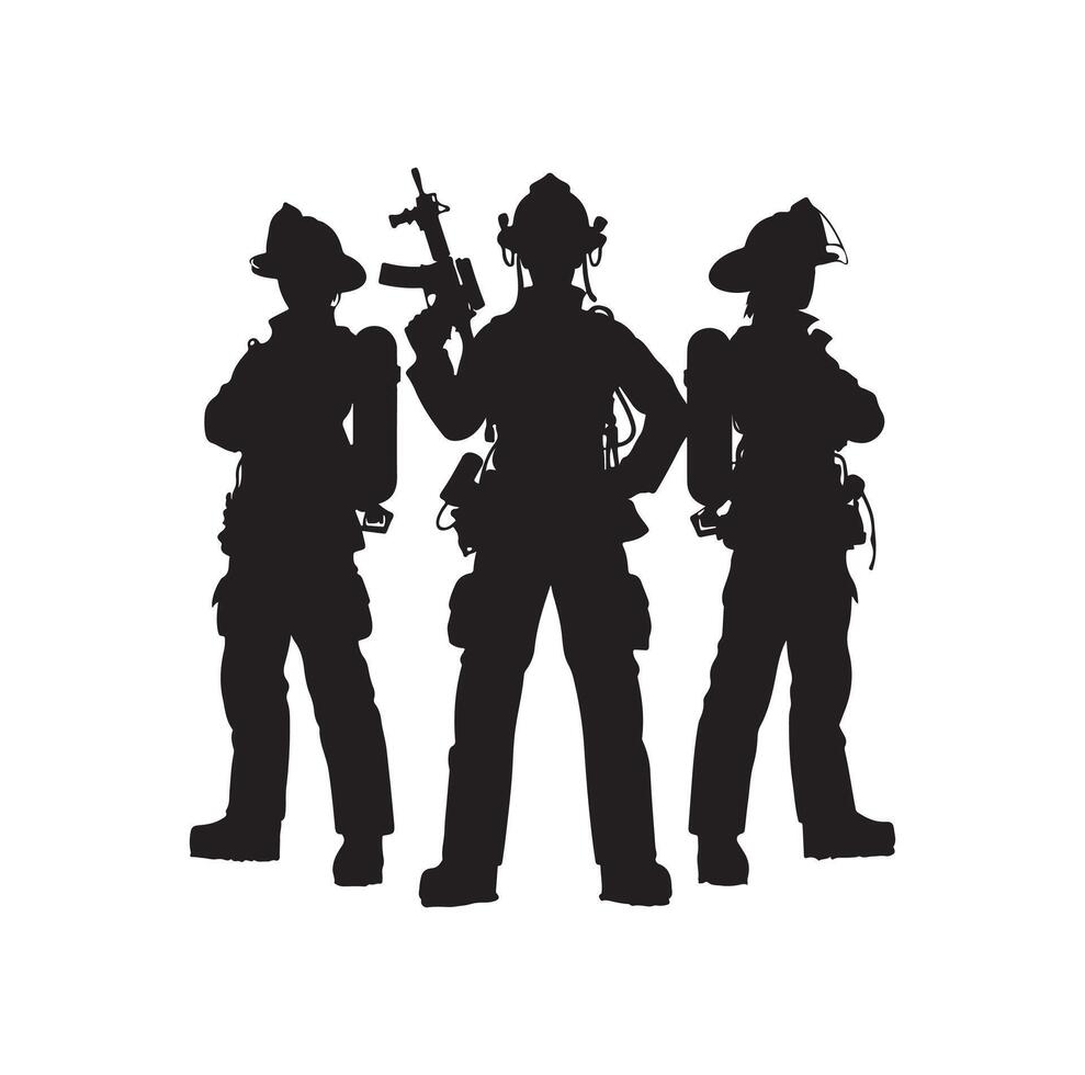 Firefighters group pose silhouette on isolated white background vector