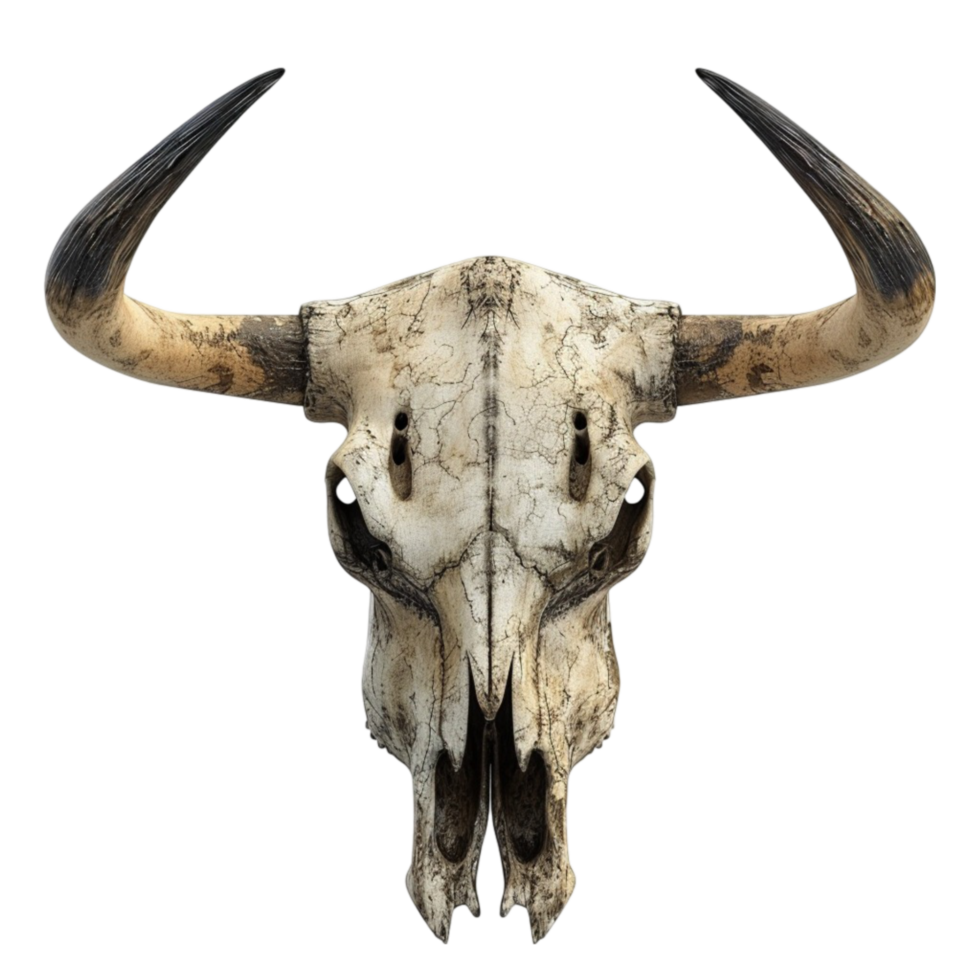 Skull with Long Curved Horns and Dark Eye Sockets on Transparent background AI-Generative png