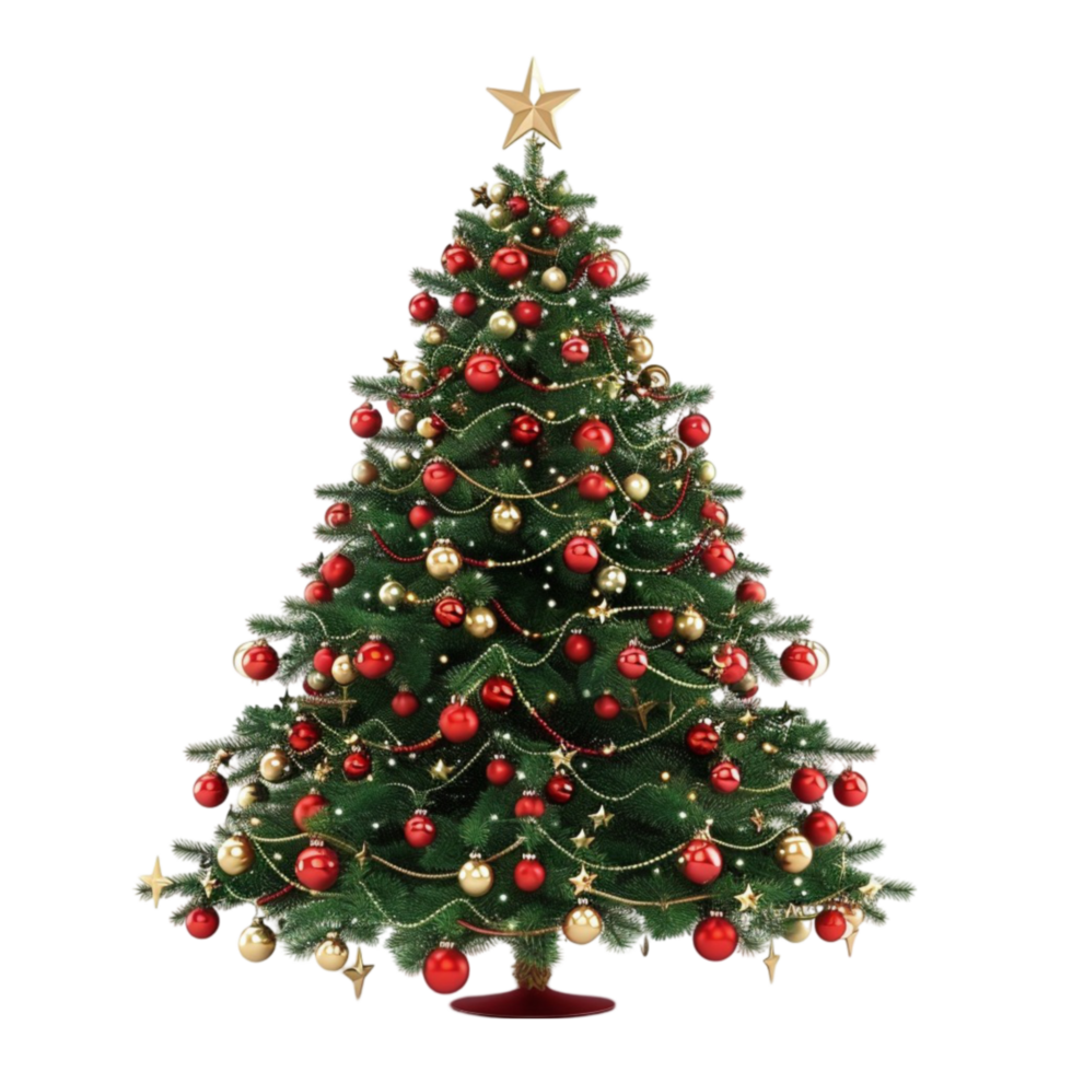 Beautifully Decorated Christmas Tree with Golden Star on Transparent background AI-Generative png