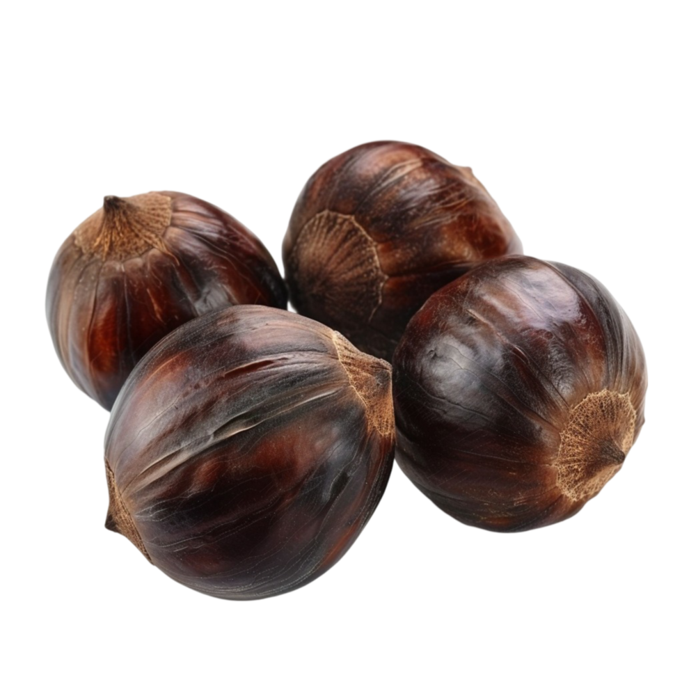 Four Dark Brown Onions with Smooth Tough Skin on Transparent background AI-Generative png