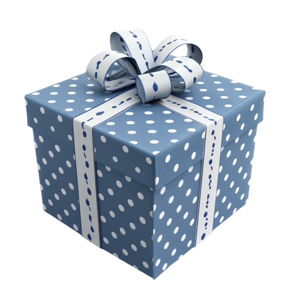Blue Polka Dot Gift Box with White Ribbon Bow on Transparent background AI-Generative png