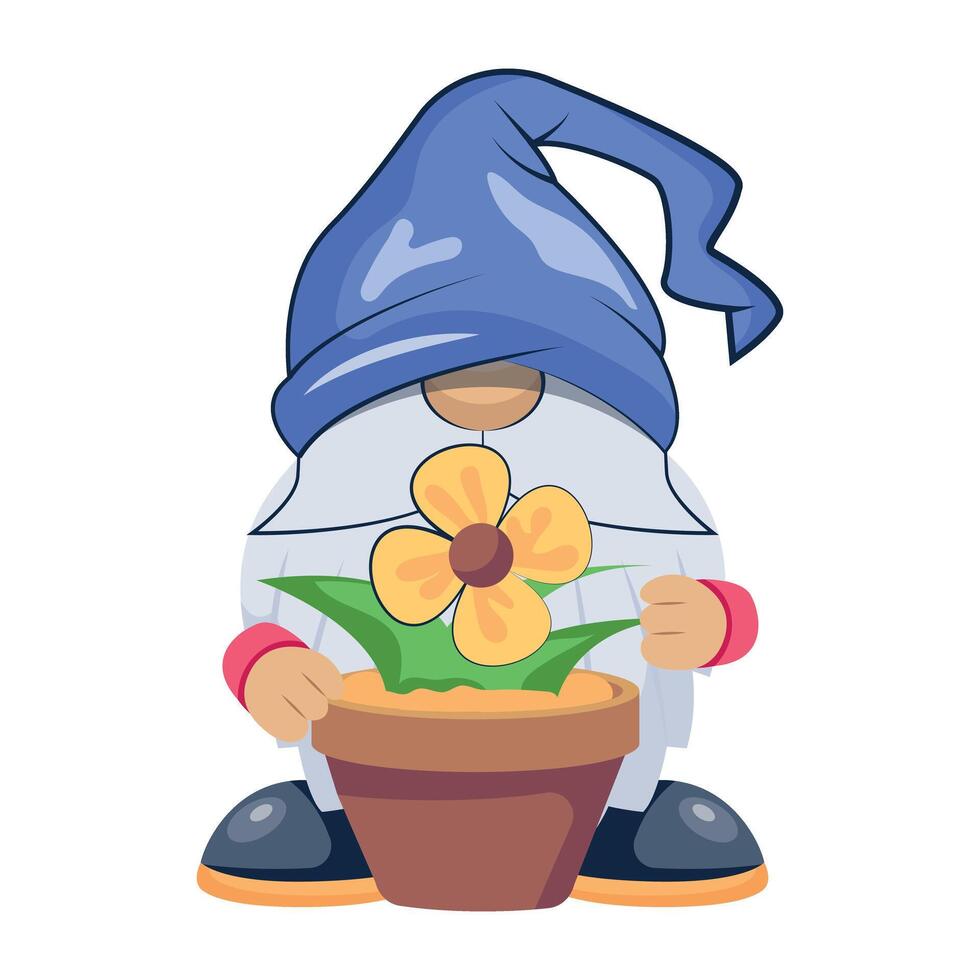 WebFlat style character of garden gnome with potted flower vector