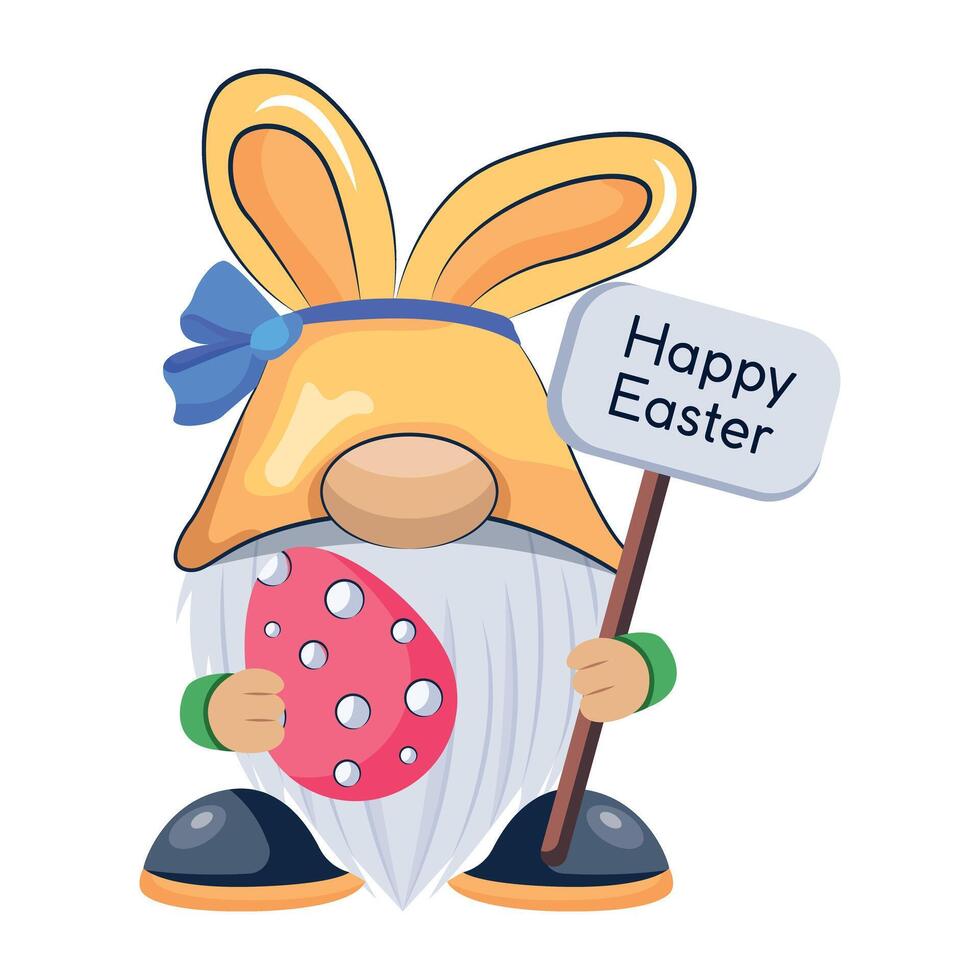 WebA cute gnome holding egg and happy easter board, flat icon vector