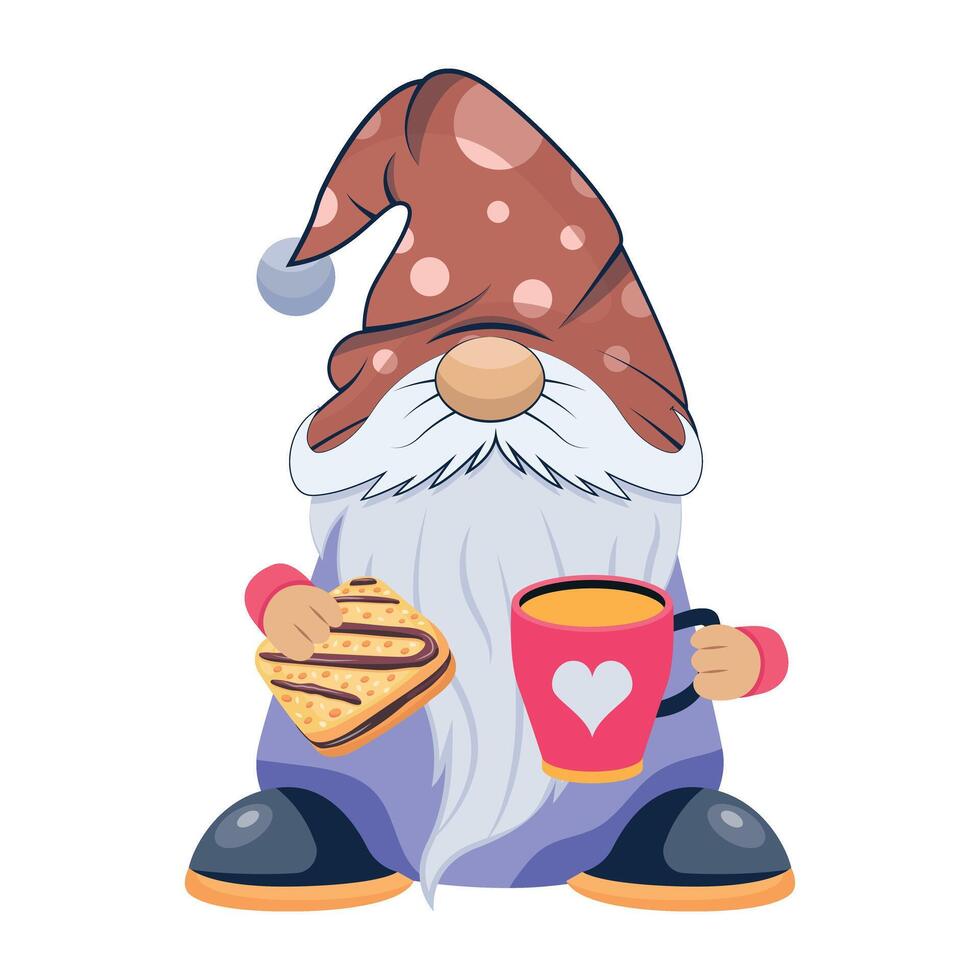 A cute gnome drinking tea with cookie, flat icon vector