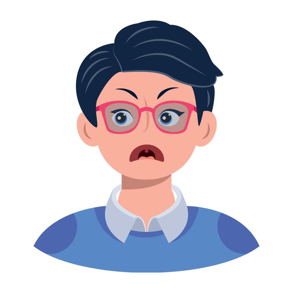 A flat icon showing glasses boy with weird face expression vector